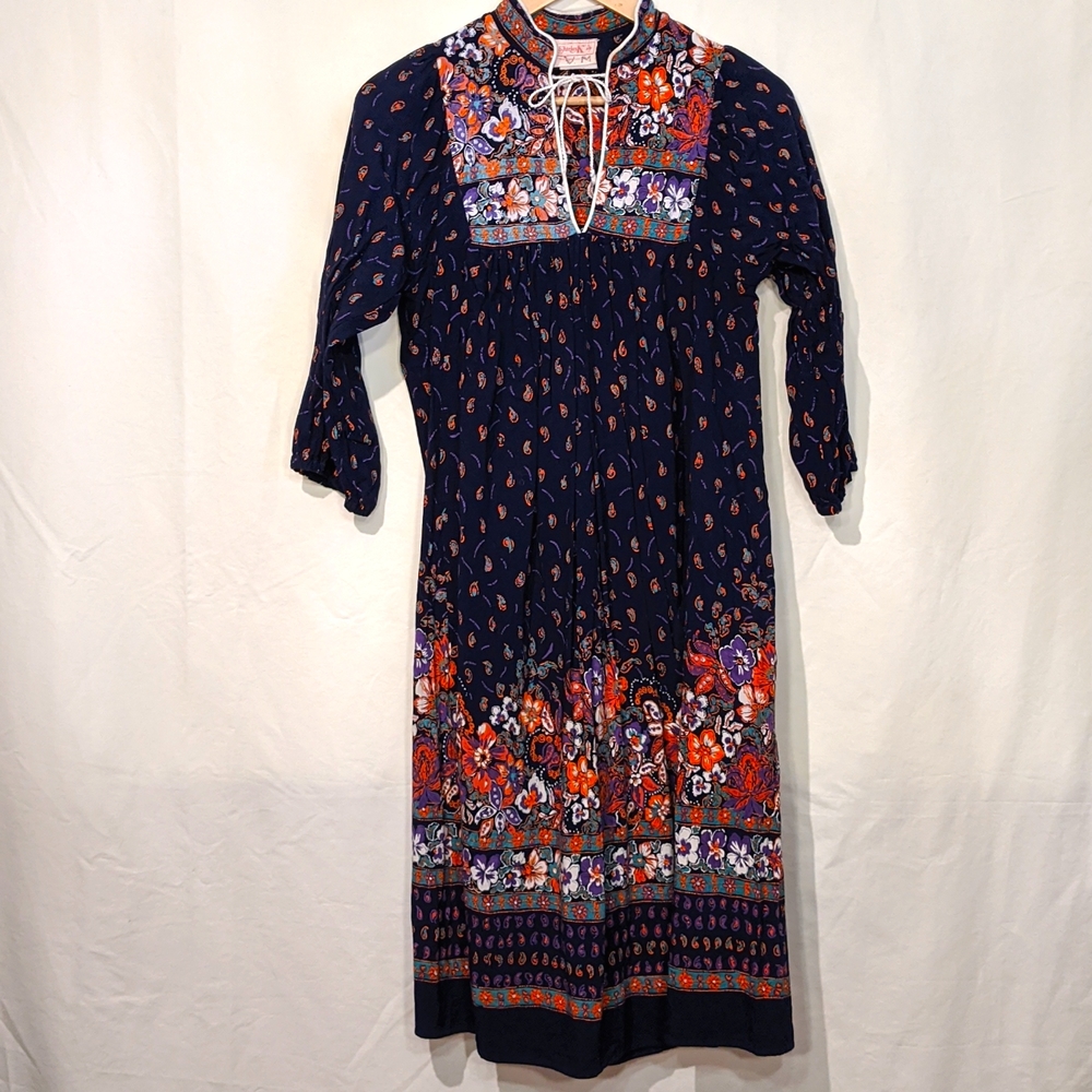 Vintage 60's Shirley K navy and Paisley floral boho hippy dress